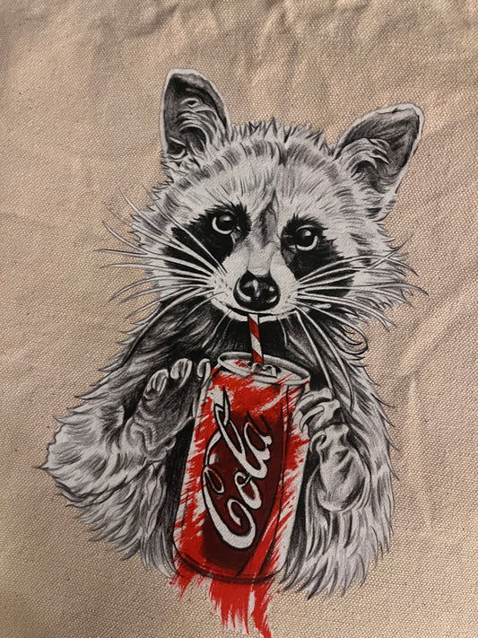 Illustration of a raccoon holding a Cola can on a textured beige background