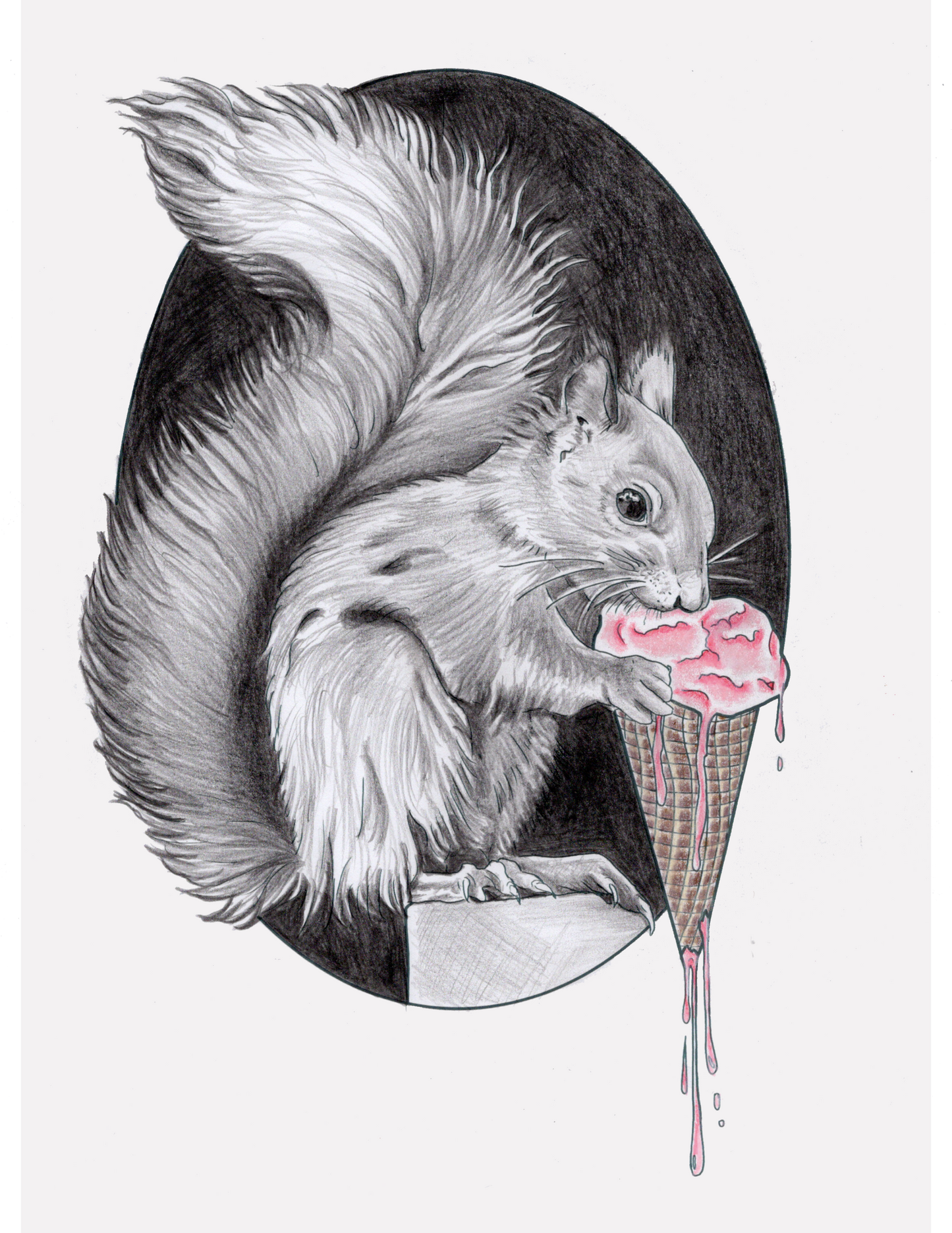 Illustration of a squirrel with a pink ice cream cone on a white background