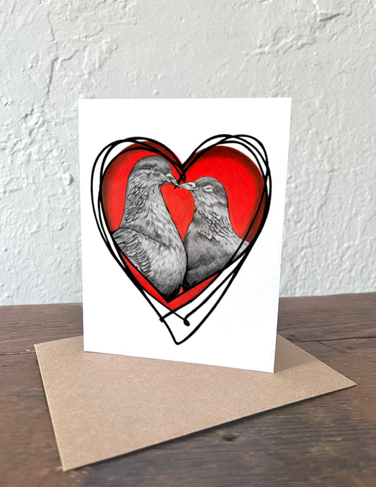 Greeting card with two birds in a heart shape on a white background