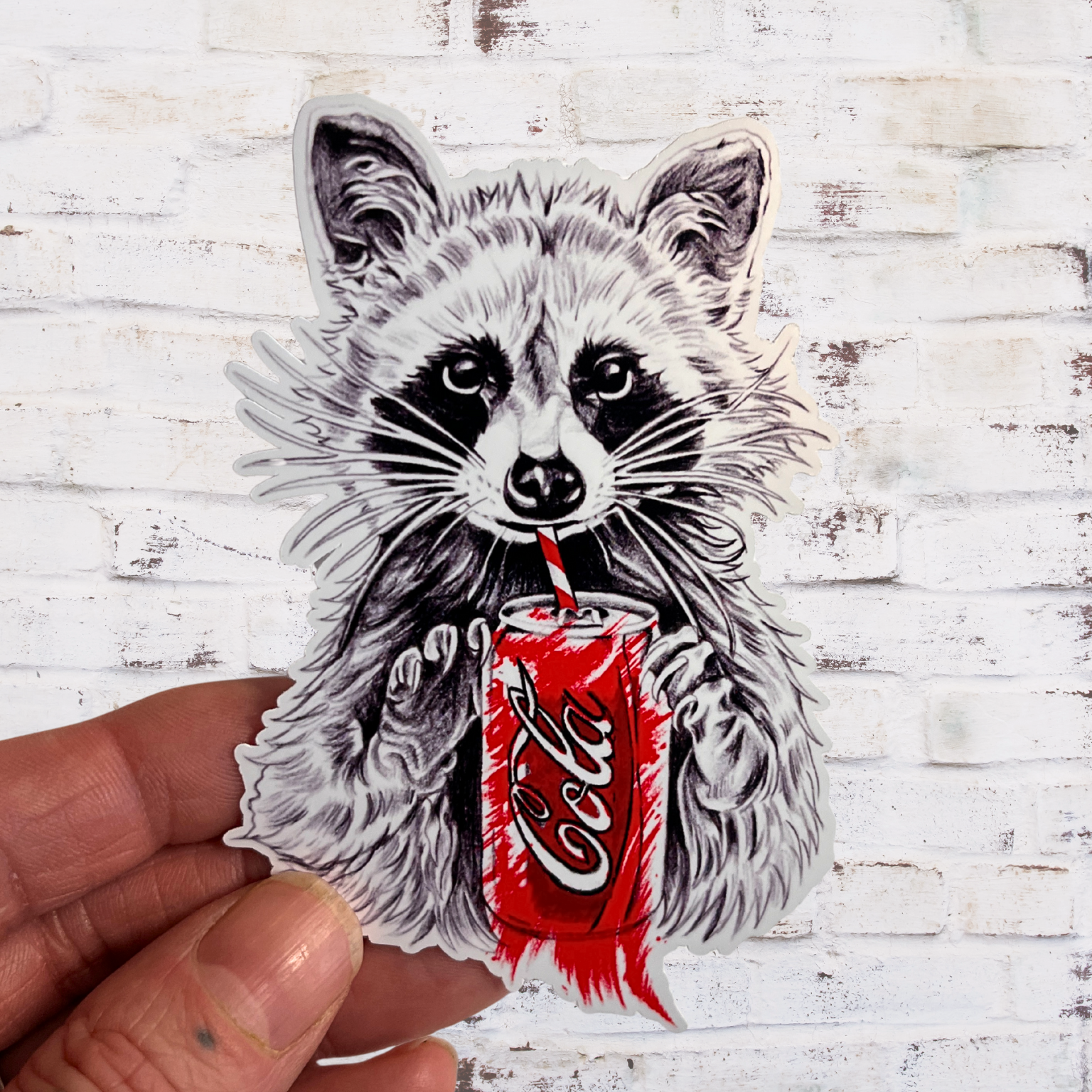 Sticker of a raccoon drinking from a Coca-Cola can held against a white brick wall.