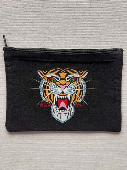 Black Bite Me Tiger Canvas Pouch