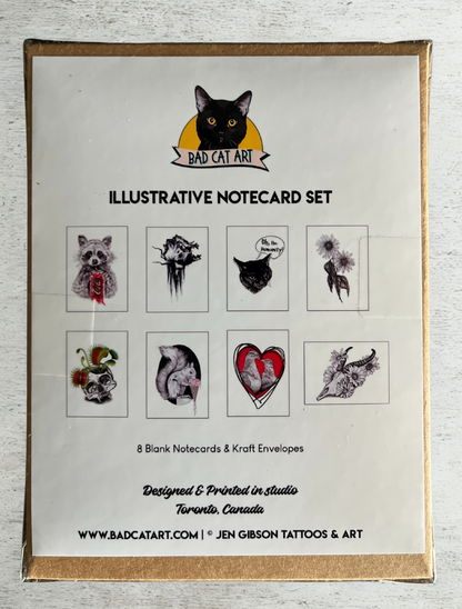 Illustrative notecard set with designs on a white background