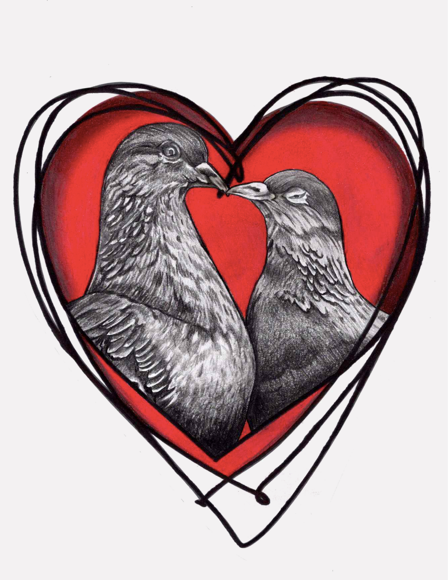 Two doves kissing inside a red heart on a white background