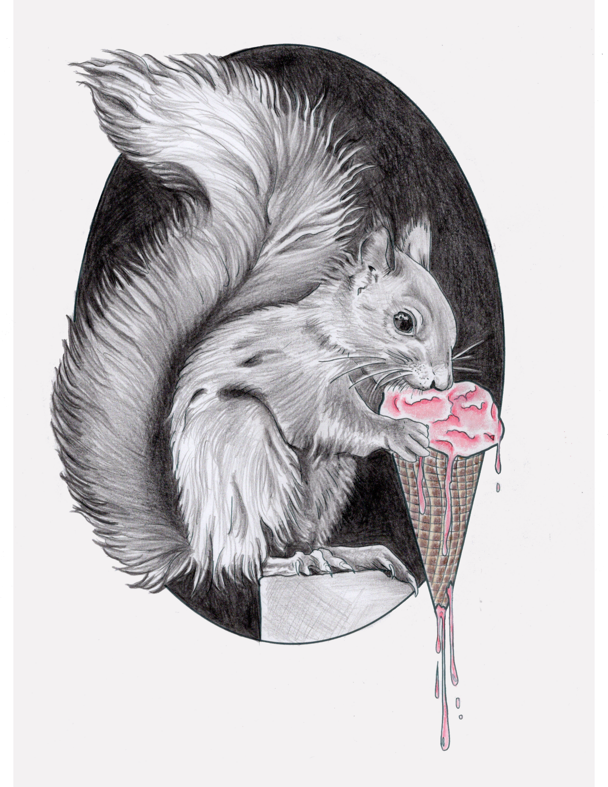Illustration of a squirrel with a pink ice cream cone on a white background