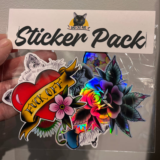 Sticker pack with colorful floral and heart designs held by a hand against a neutral background.