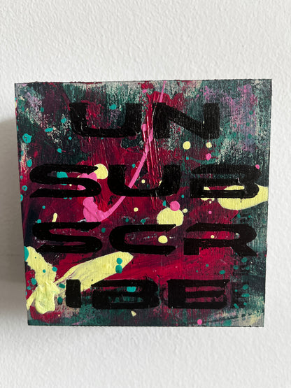 Abstract artwork with colorful text on a white background