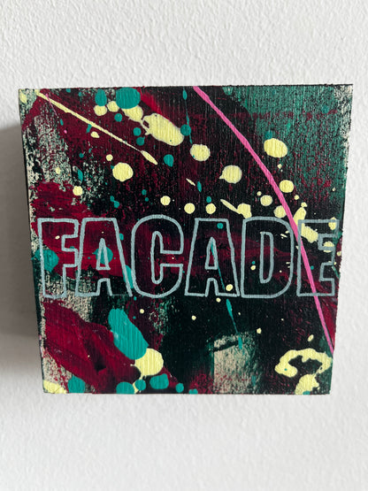 Colorful abstract art piece with 'Facade' text on a white background