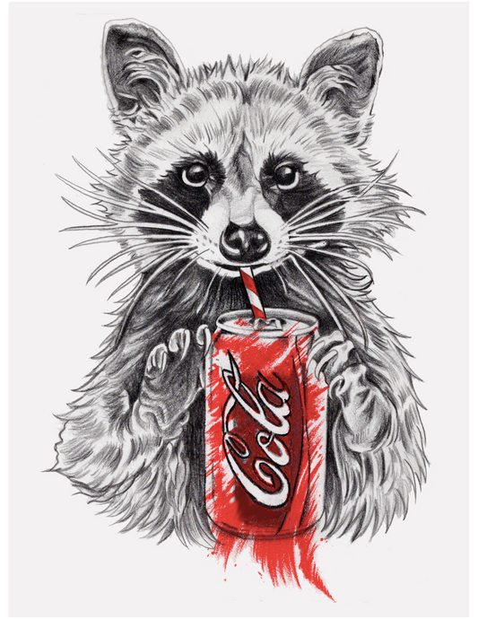 Illustration of a raccoon drinking from a Coca-Cola can with a straw on a white background