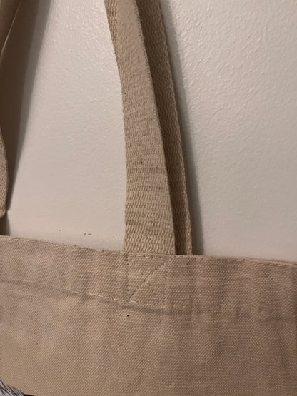 close up view of a canvas tote bag straps